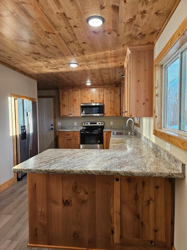 9806 County Road 144, Brainerd, MN 56401 - kitchen with a peninsula, wood ceiling, a sink, and appliances with stainless steel finishes