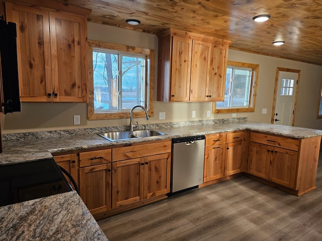 9806 County Road 144, Brainerd, MN 56401 - kitchen featuring a peninsula, dishwasher, wood ceiling, and a sink