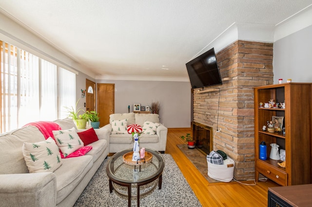 living room featuring crown molding, wood finished floors, and a stone fireplace