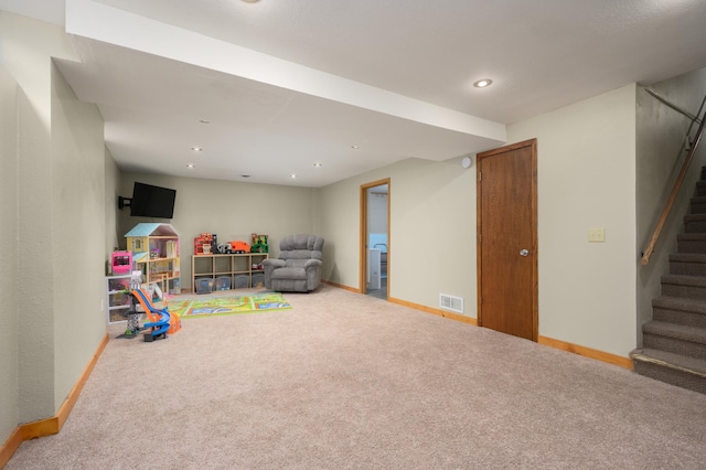 playroom with carpet, visible vents, baseboards, and recessed lighting