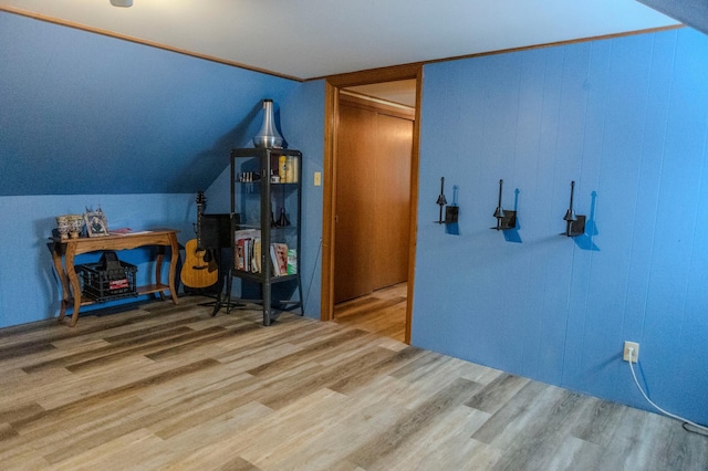 interior space featuring vaulted ceiling and wood finished floors