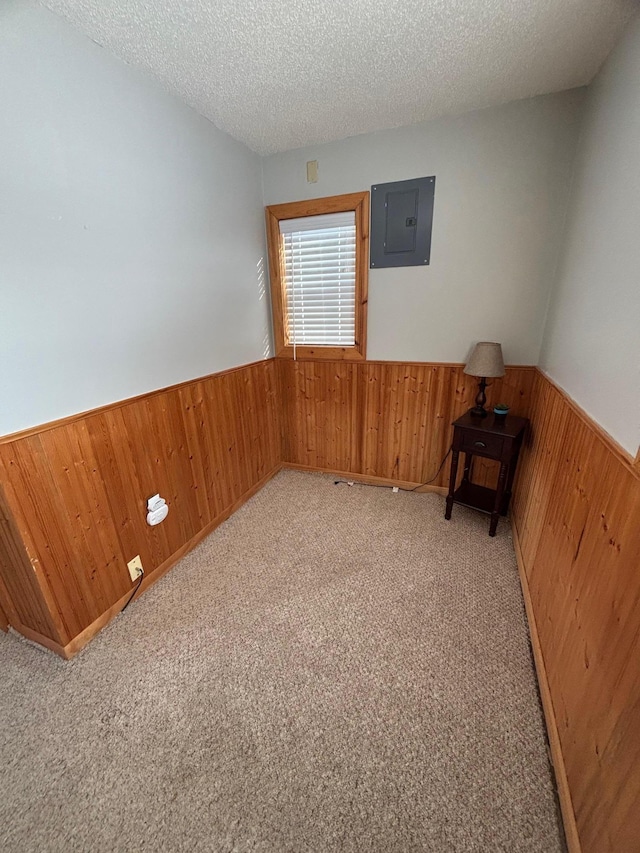 spare room with a wainscoted wall, a textured ceiling, electric panel, and wooden walls