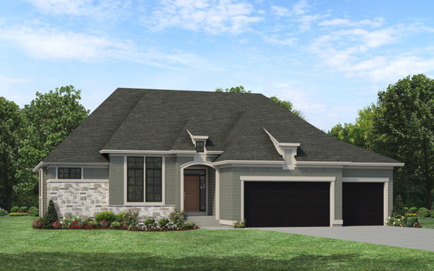 view of front facade with roof with shingles, a garage, stone siding, driveway, and a front lawn