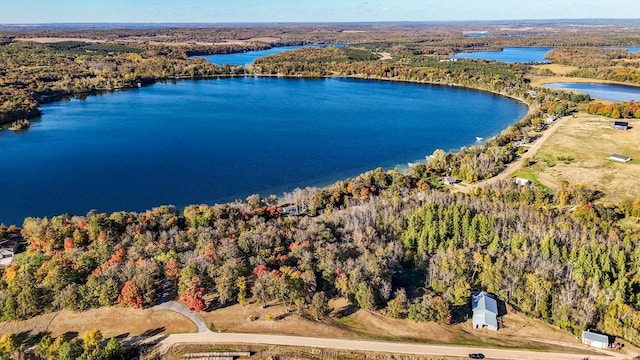 birds eye view of property with a wooded view and a water view