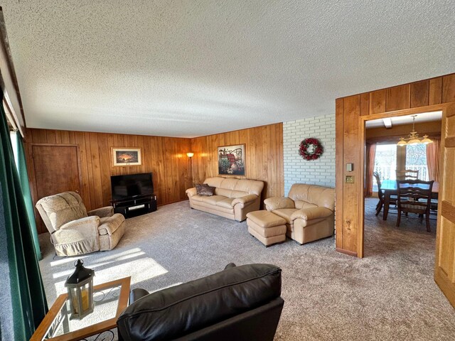 34257 Dusty Trl, Frazee, MN 56544 - carpeted living area featuring wood walls and a textured ceiling
