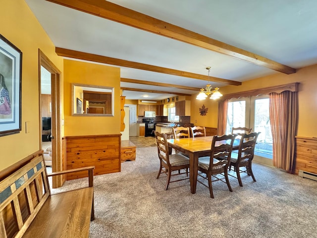 34257 Dusty Trl, Frazee, MN 56544 - dining room featuring carpet floors, healthy amount of natural light, beamed ceiling, a chandelier, and a baseboard heating unit