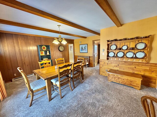 34257 Dusty Trl, Frazee, MN 56544 - carpeted dining space featuring wood walls, baseboard heating, beam ceiling, and a chandelier