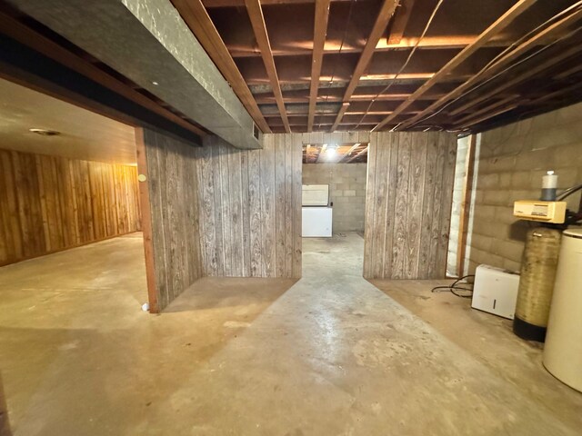 34257 Dusty Trl, Frazee, MN 56544 - unfinished below grade area with wood walls, a water softener system, and concrete block wall