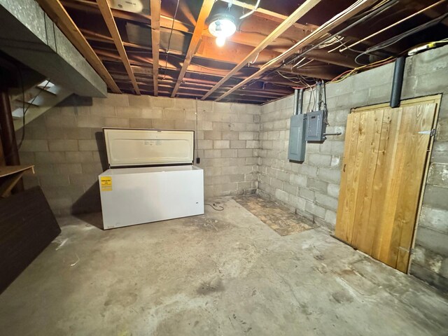 34257 Dusty Trl, Frazee, MN 56544 - unfinished basement with electric panel and fridge
