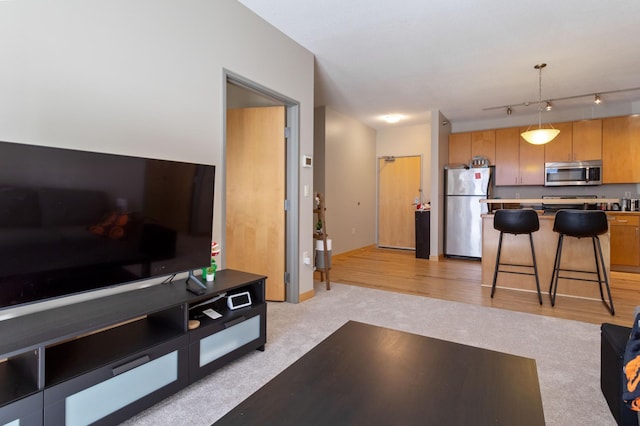 living room with light carpet, rail lighting, and light wood-style flooring