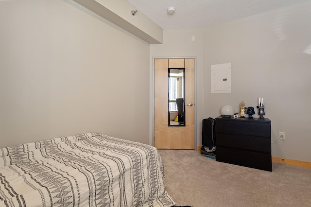 carpeted bedroom with electric panel and baseboards