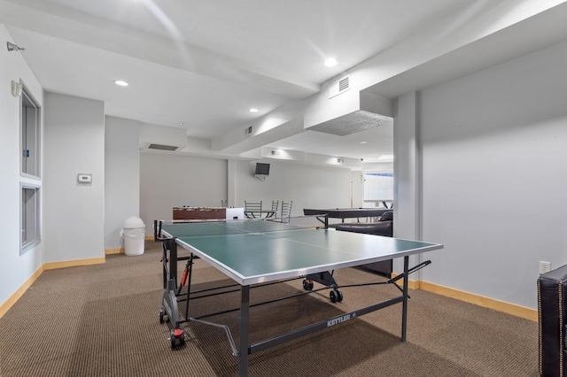 game room with carpet floors, recessed lighting, visible vents, and baseboards