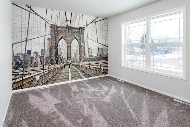 interior space featuring baseboards, plenty of natural light, carpet, and visible vents