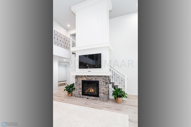 living area with baseboards, a stone fireplace, a high ceiling, wood finished floors, and a baseboard radiator