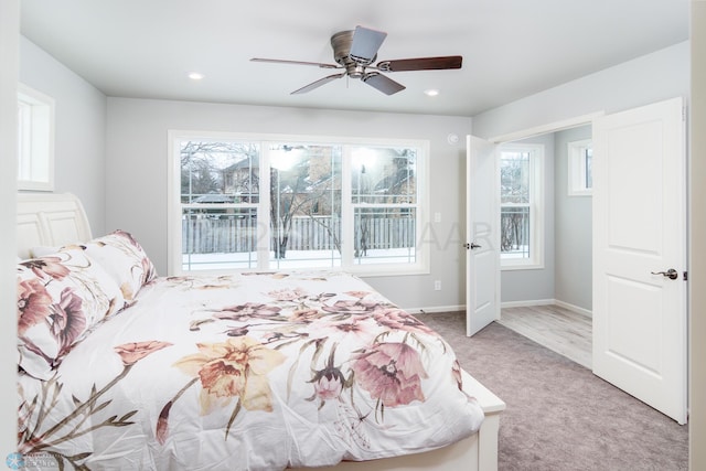 carpeted bedroom with access to outside, recessed lighting, baseboards, and ceiling fan