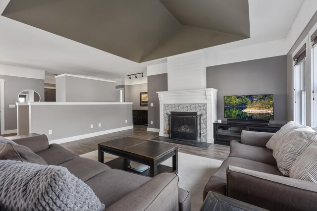 living room with a fireplace, wood finished floors, baseboards, vaulted ceiling, and rail lighting