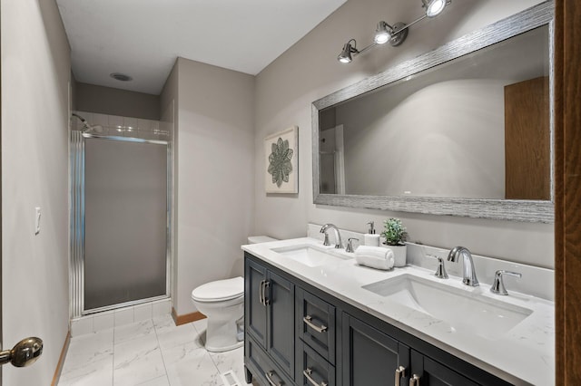 full bath featuring toilet, marble finish floor, a shower stall, and a sink