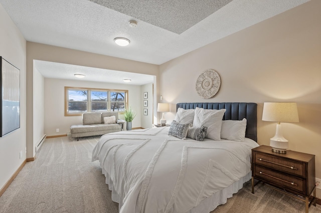 carpeted bedroom featuring baseboards, a baseboard heating unit, and a textured ceiling