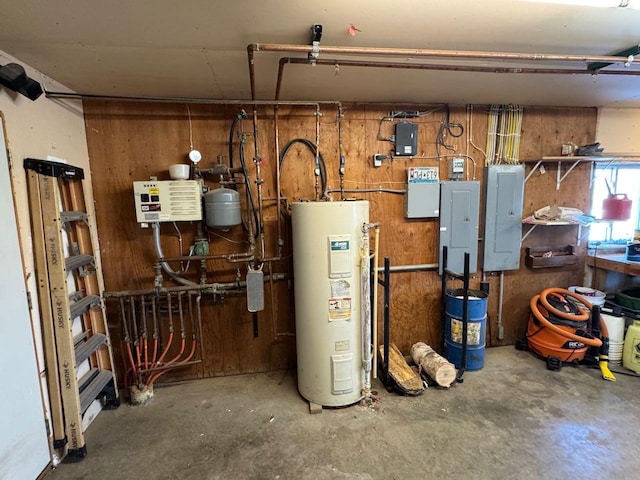 utility room with electric panel and water heater