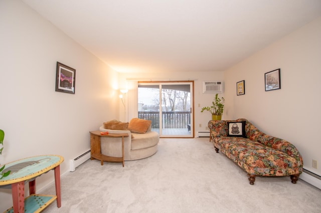 living area featuring carpet, a baseboard heating unit, and a wall mounted air conditioner