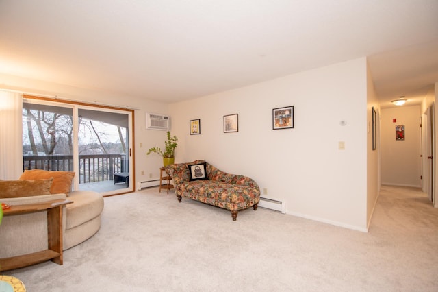 sitting room with light carpet, a baseboard radiator, baseboards, and an AC wall unit