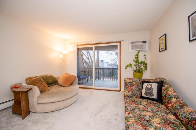 living area with an AC wall unit and carpet flooring