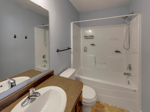 full bathroom with toilet, tile patterned floors, vanity, and shower / bathing tub combination