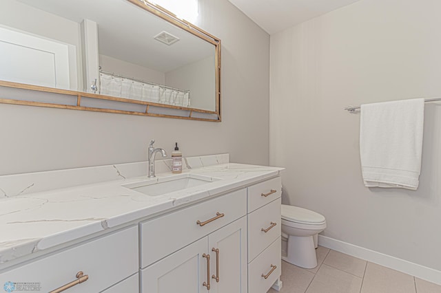 full bath featuring visible vents, baseboards, toilet, tile patterned floors, and vanity