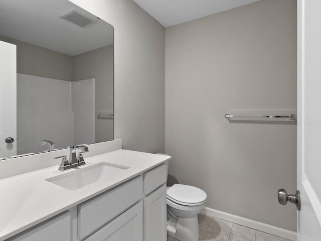 bathroom with visible vents, toilet, vanity, baseboards, and tile patterned floors