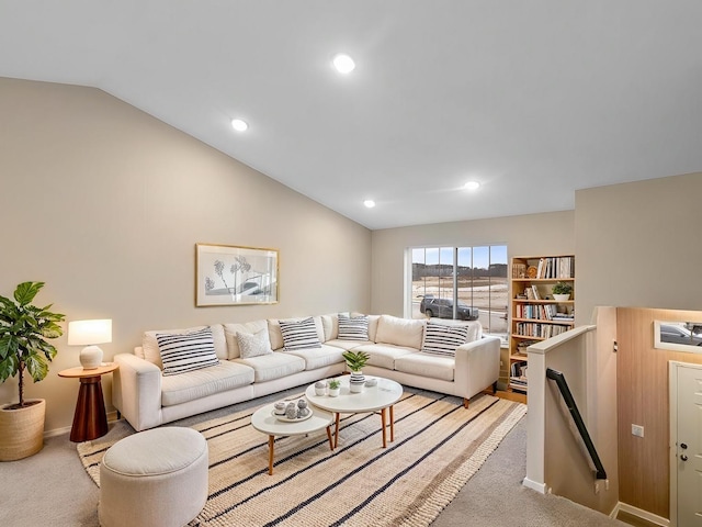 living area featuring light carpet, baseboards, lofted ceiling, and recessed lighting