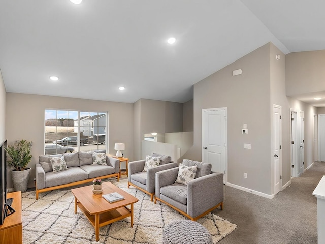 living area featuring high vaulted ceiling, recessed lighting, carpet flooring, and baseboards