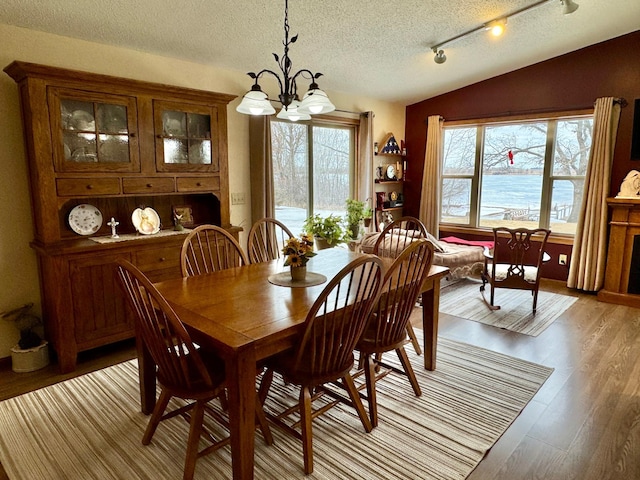 dining room with lofted ceiling, a notable chandelier, plenty of natural light, and light wood-style flooring