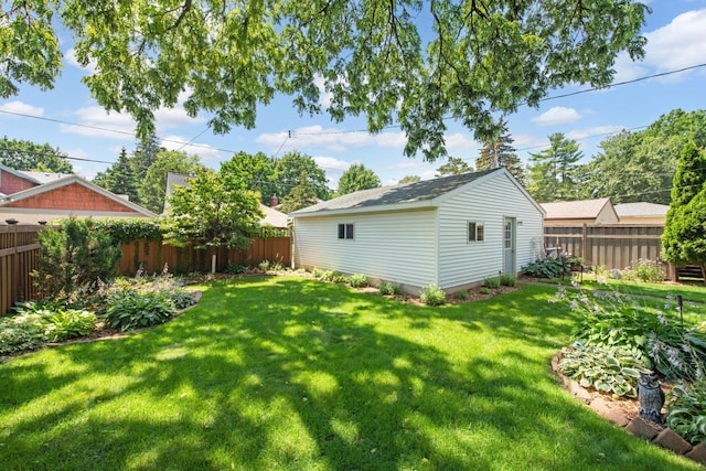 view of yard with an outbuilding and a fenced backyard