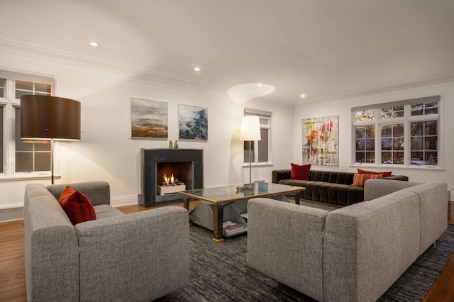 living area featuring a warm lit fireplace, wood finished floors, and crown molding