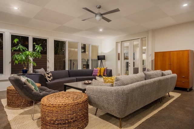 living area with french doors, carpet, a ceiling fan, and recessed lighting