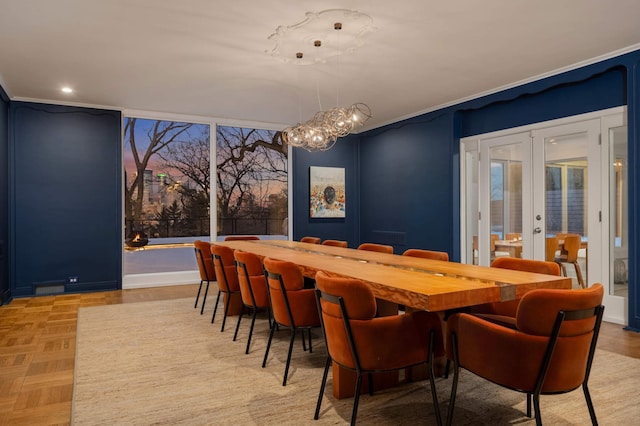 dining room featuring recessed lighting and french doors