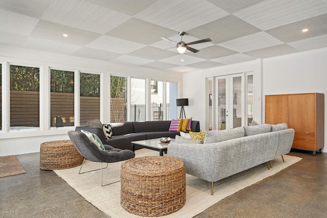 living room featuring recessed lighting and ceiling fan