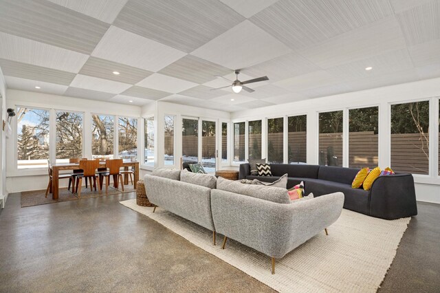 living room with ceiling fan and recessed lighting