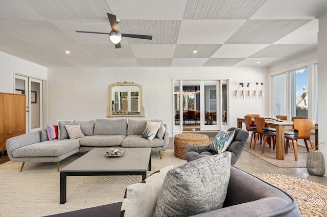 living room featuring french doors, a ceiling fan, and recessed lighting