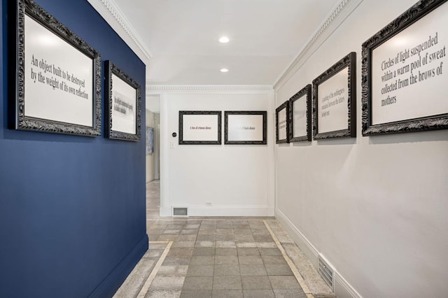 corridor featuring baseboards, visible vents, ornamental molding, and recessed lighting