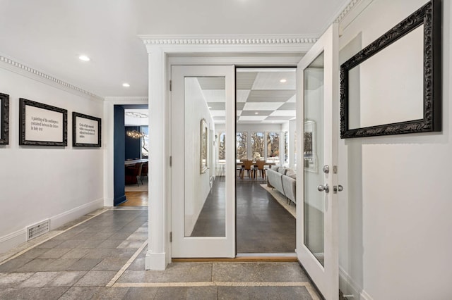 hallway featuring recessed lighting, french doors, visible vents, and baseboards