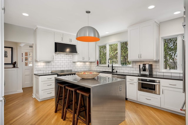 kitchen with under cabinet range hood, light wood-style floors, stainless steel appliances, and a sink