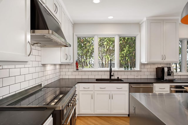 kitchen featuring under cabinet range hood, stainless steel appliances, a sink, tasteful backsplash, and dark countertops