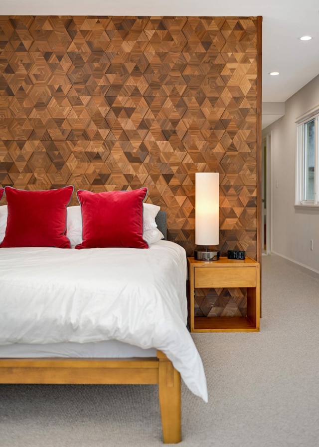 bedroom with carpet, baseboards, and recessed lighting