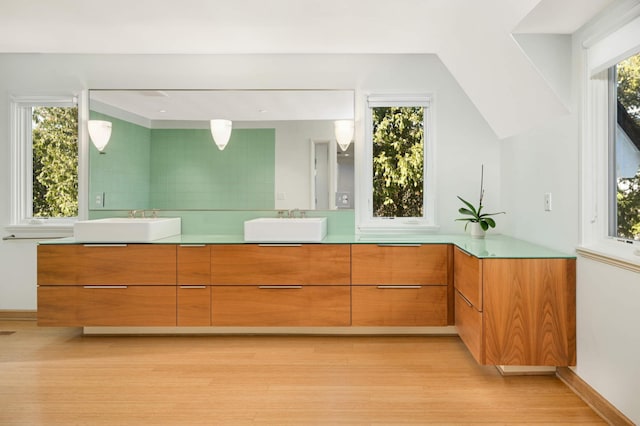 bathroom featuring double vanity, a healthy amount of sunlight, a sink, and wood finished floors