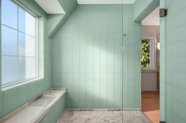 bathroom featuring tile walls and wood finished floors