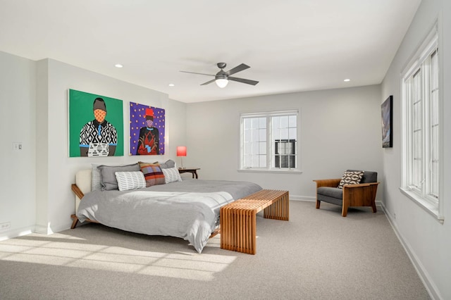 carpeted bedroom with ceiling fan, recessed lighting, and baseboards