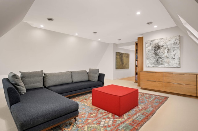 living room featuring recessed lighting, visible vents, and light colored carpet