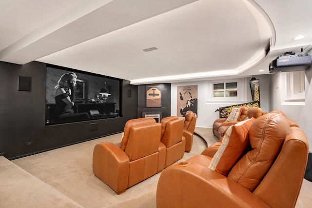 home theater with recessed lighting, light colored carpet, and visible vents