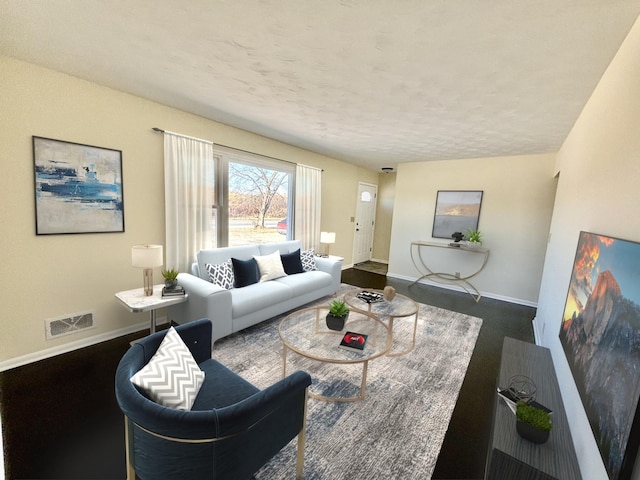 living area featuring visible vents, a textured ceiling, and baseboards